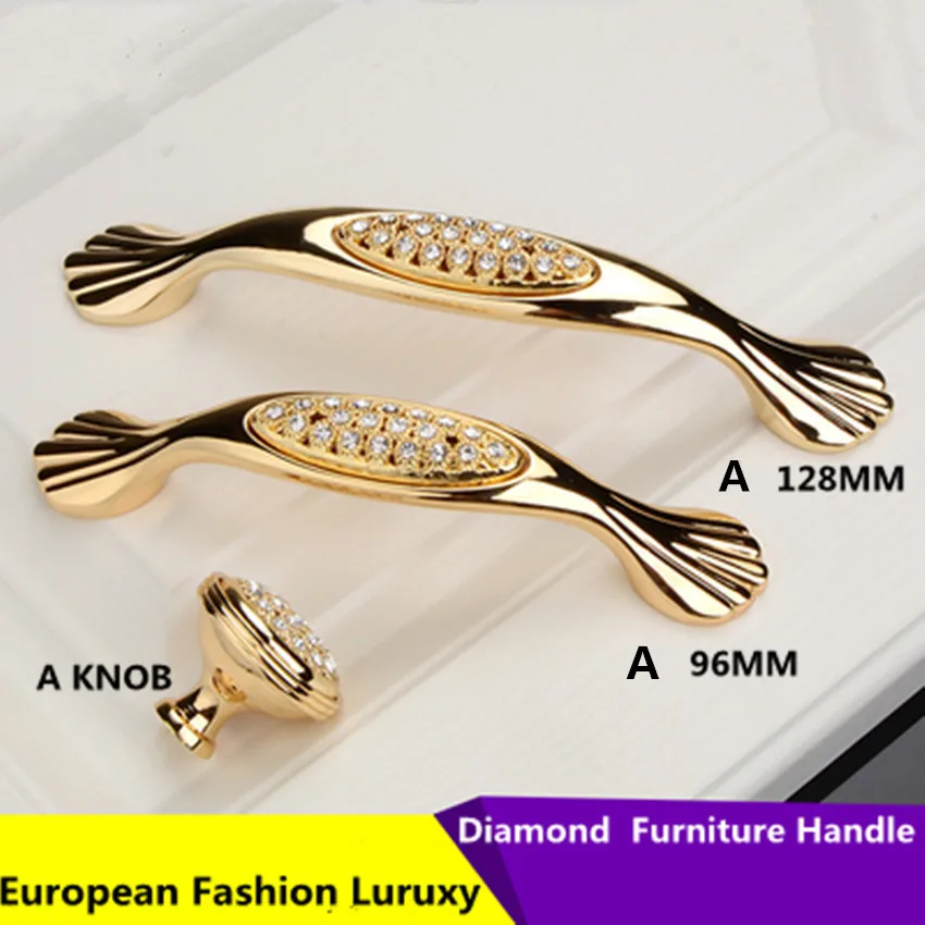 96mm 128mm European Fashion Luxury K Gold Diamond Kitchen  Wardrobe Door Handle Rhinestone Drawer TV Cabinet Knob Pull 5