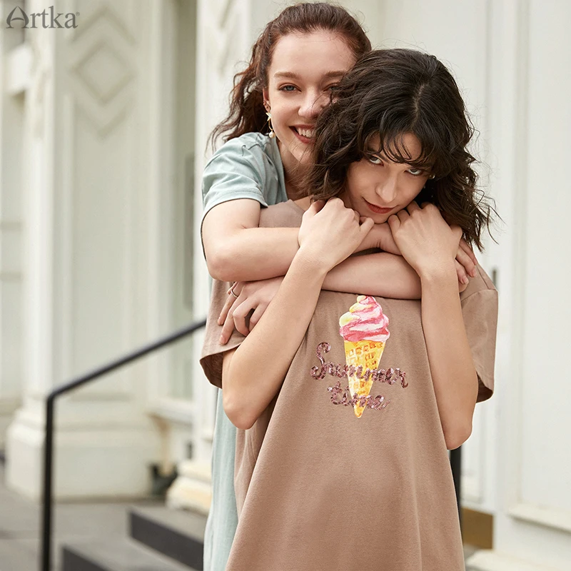 Vestido feminino manga curta artka, camiseta estampada de lantejoulas para verão 2019