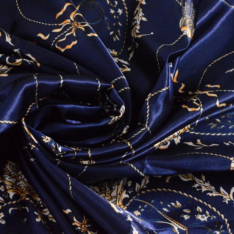 [BYSIFA] Navy Blue Beige Female Satin Silk Scarf Shawl Fashion Accessories Women Chain Flowers Pattern Autumn Winter Scarves