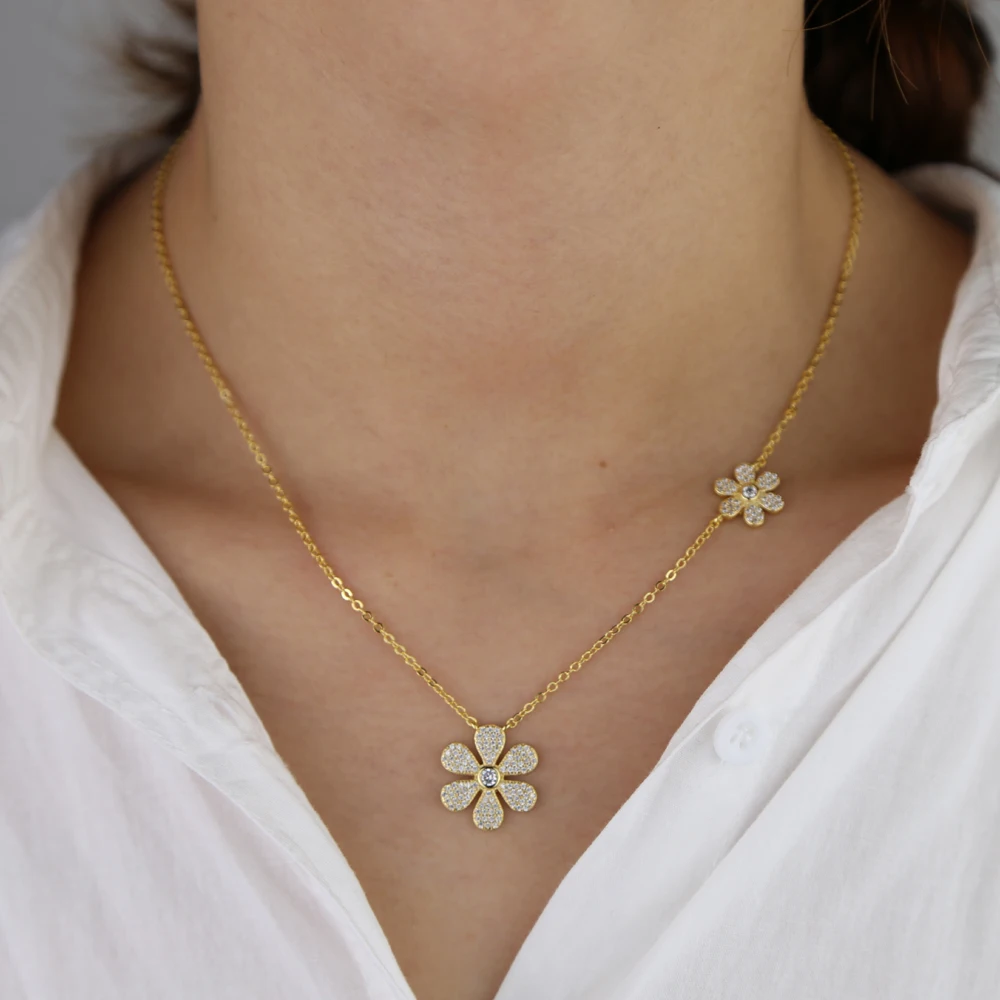 Double daisy flower necklace beautiful fashion women jewelry micro pave cz flower charm chain collar view 5