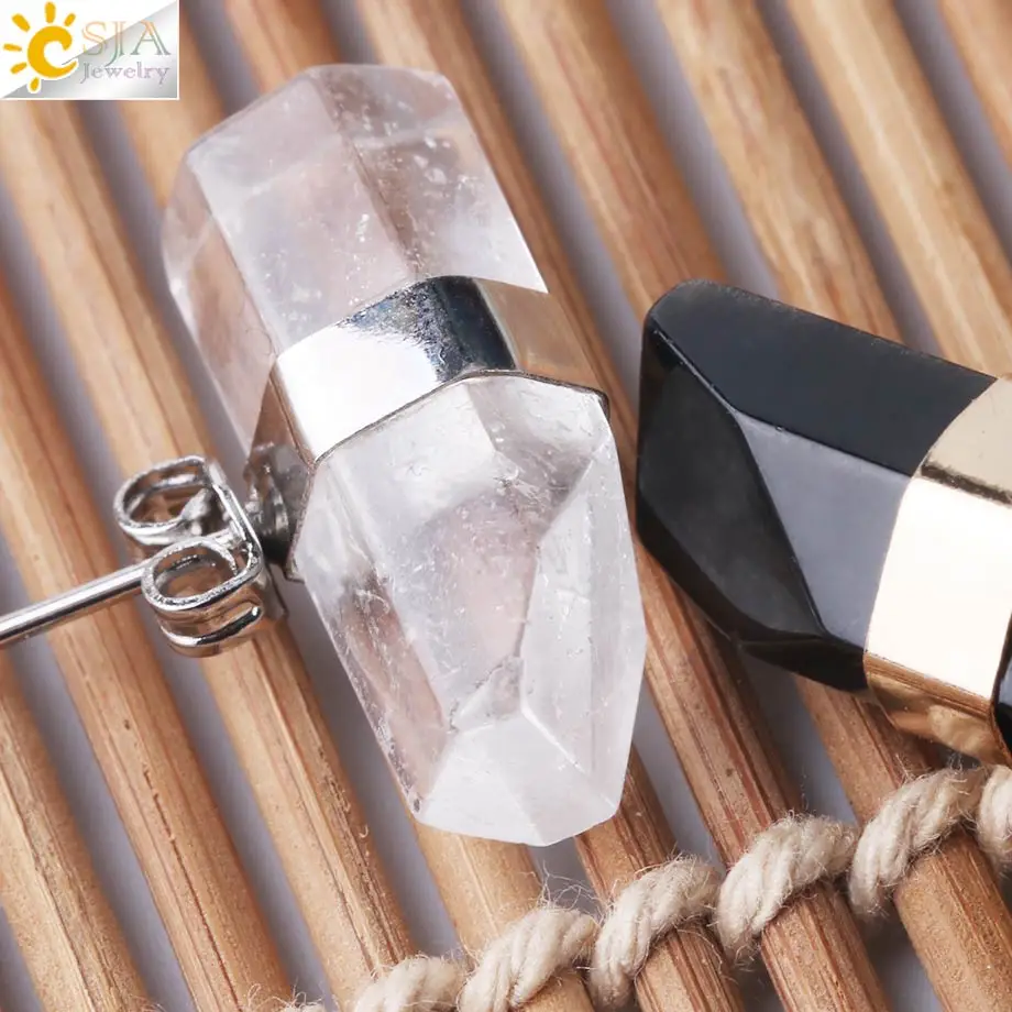 CSJA Natural Stone Stud Earrings Geometric Crystal Pillar Pink Quartz Earring for Women Healing Fashion Ear Jewellery G033