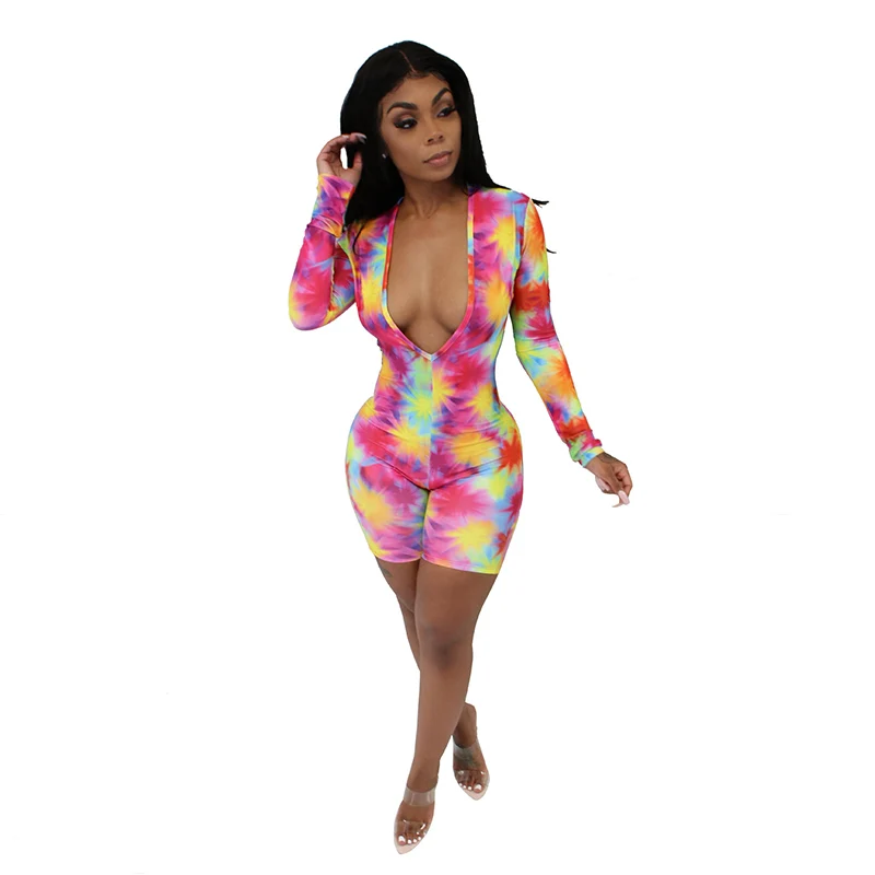 Tie Dye Cetak Seksi Pendek Playsuit untuk Wanita Deep V Leher Lengan Panjang Celana Pendek Baju Monyet Malam Club Pesta Playsuits Kasual baju