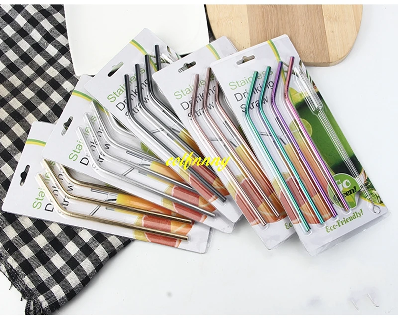 100sets/lot 6mmx215mm Colorful 304 Stainless Steel Straws Bent & straight Drinking Straw 4pcs straw +1pcs brush retail package