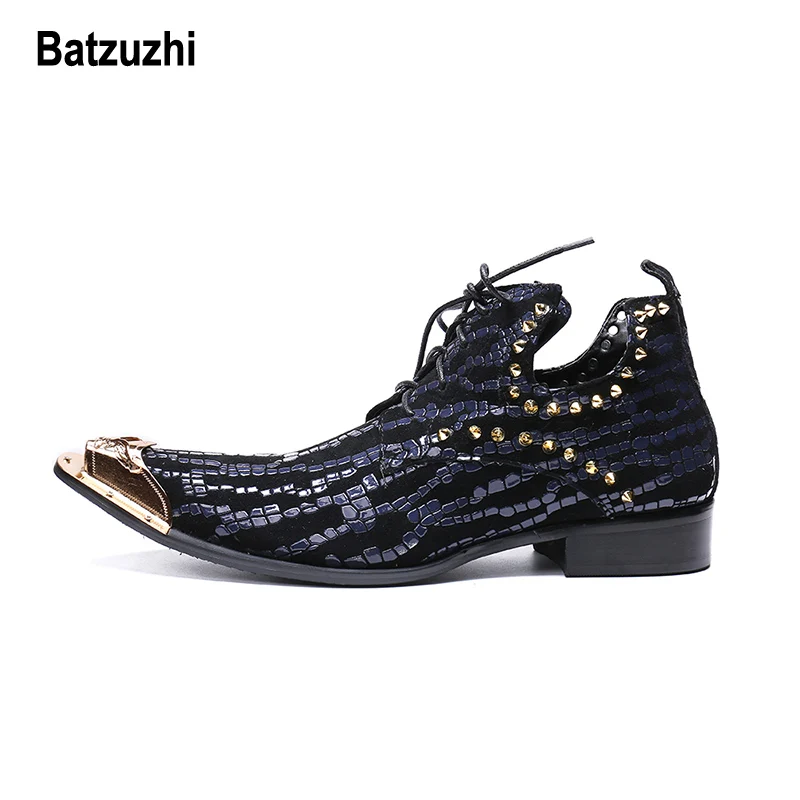 Batzuzhi Italian Handmade Men Shoes Pointed Metal Tip Black Blue Leather Ankle Boots Man Lace-up Rivets Party botas hombre,US12