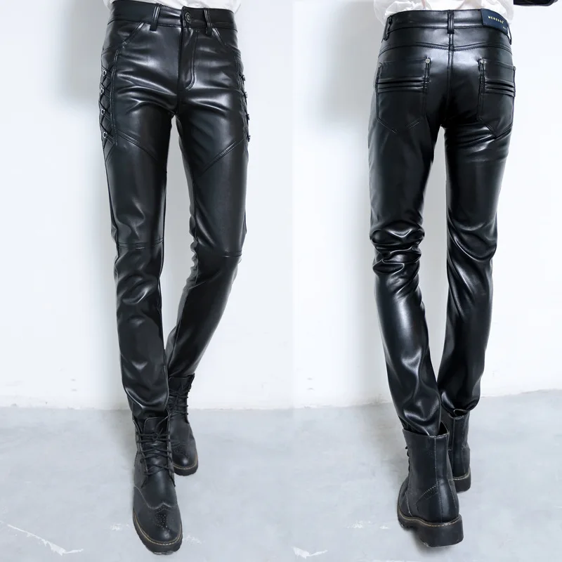 Men's Pants Autumn & Winter Pu Leather Plus Fleece Windproof Warm Male Pencil Pants Casual Slim Black 27-36 Mens Pants