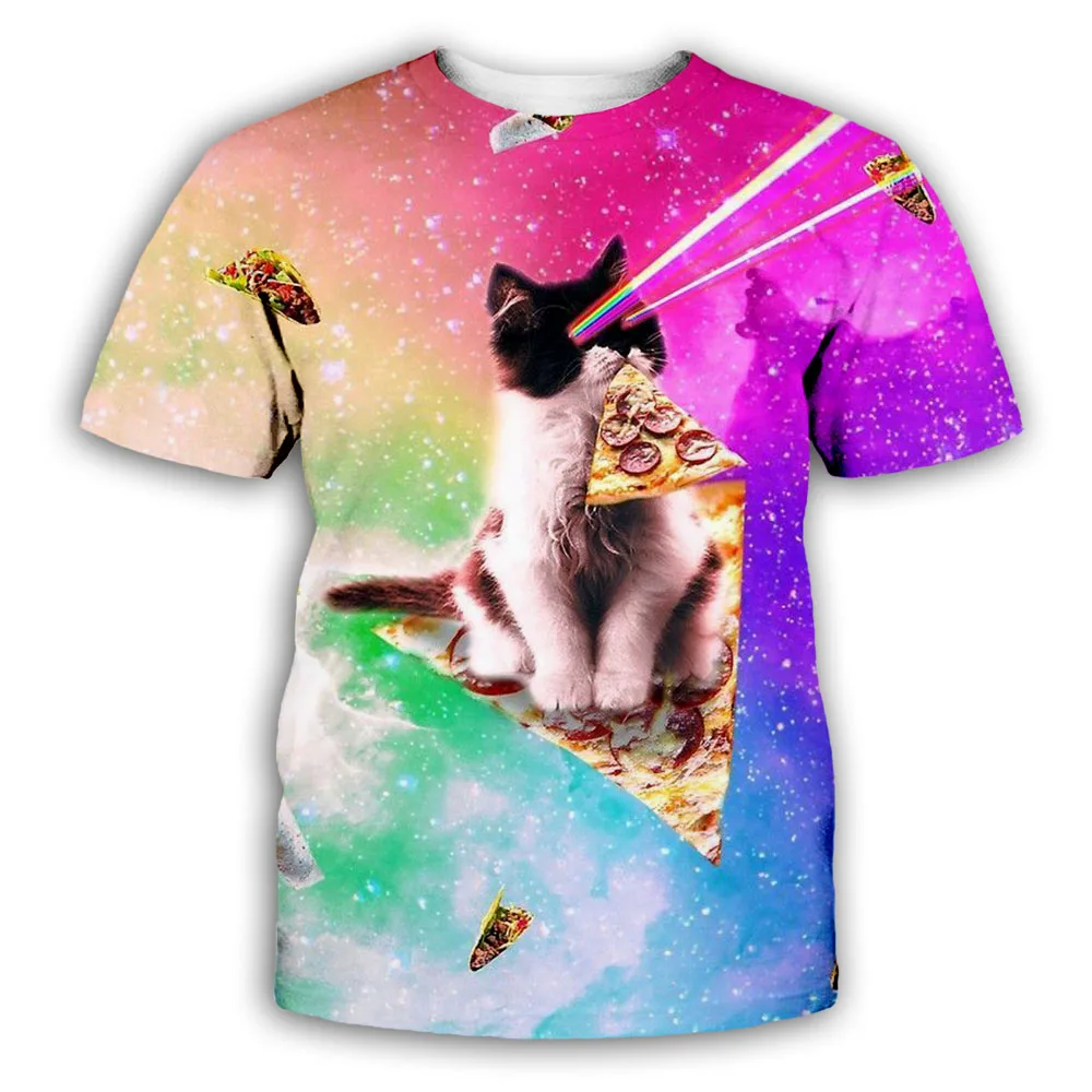 PLstar Cosmos DJ Pizza cat T-shirt Men Women Animal 3D T Shirt Hip hop Summer Short Sleeved Breathable Tshirt Plus Size