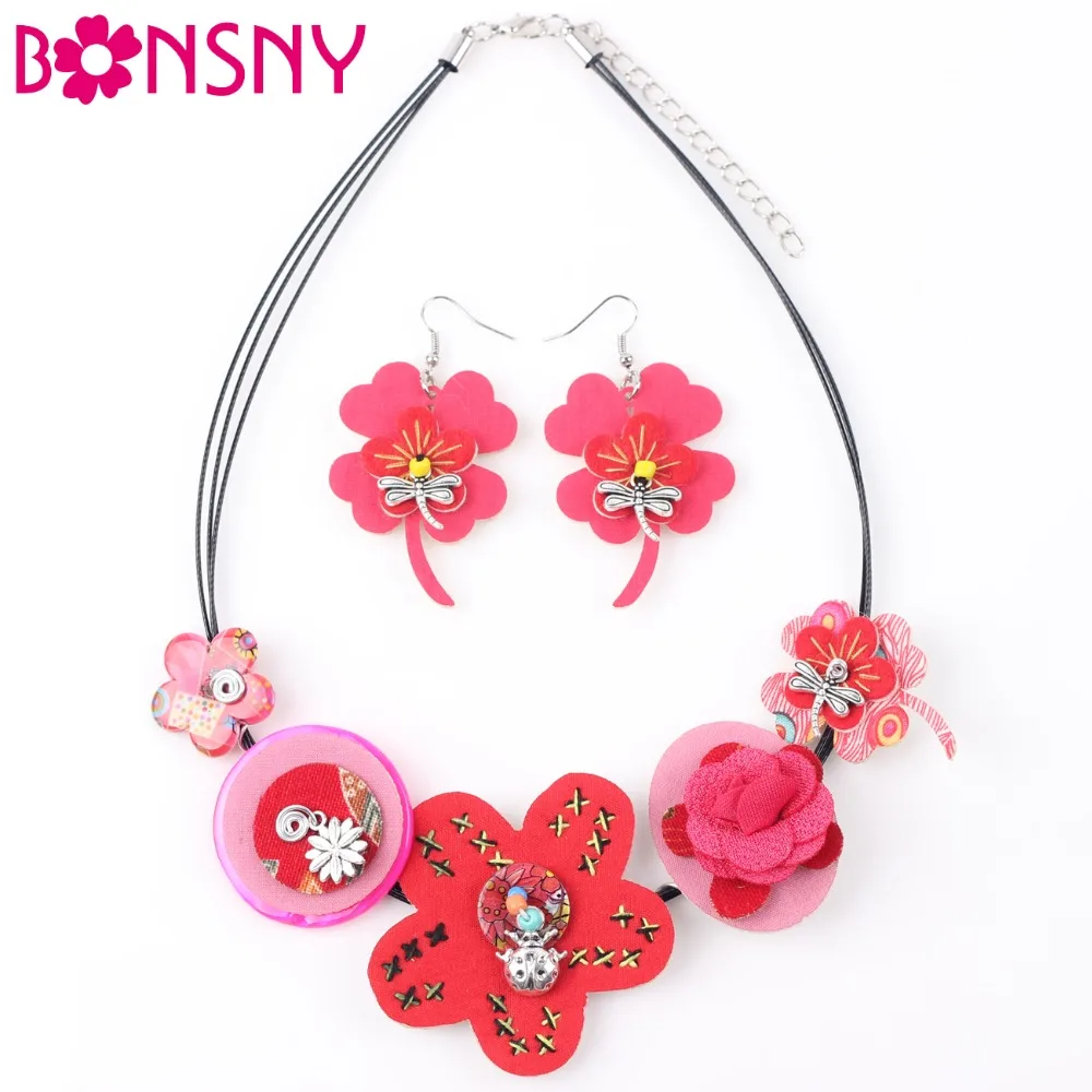 Bonsny Brand Fabric HANDMADE Statement Flower Necklace Earrings Jewelry Sets Choker Collar Fashion Jewelry For Women News Design