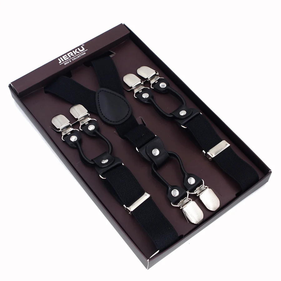Nowe szelki czarne skórzane 6 klipsów szelki męskie Vintage spodnie Suspensorio dla dorosłych pasek prezent dla ojca/męża 2.5*120cm