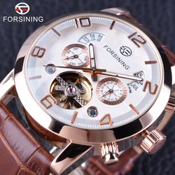 Forsining Brown Genuine Belt Tourbillion Luxury Rose Golden Case Men Business Automatic Watch Top Brand Luxury Mechanical Clock