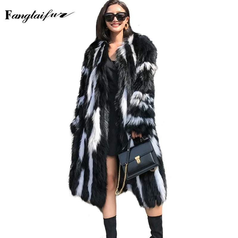 

Ftangaiur Winter Women Jacket Weave Import Fox Fur Coat Loss Slim Fox Fur Coat Contrast Color Striped Real X-Long Fox Fur Coats