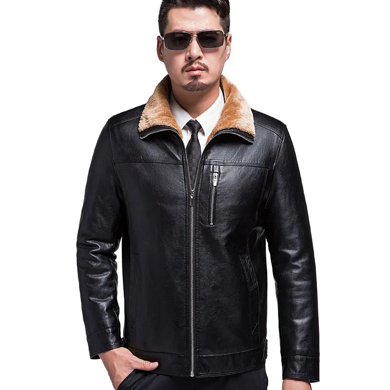 High Quality Stand Collar Middle-aged Leather Jacket Men Winter Business Casual Thick Warm Black Leather Jacket Fur Coat M-xxxl