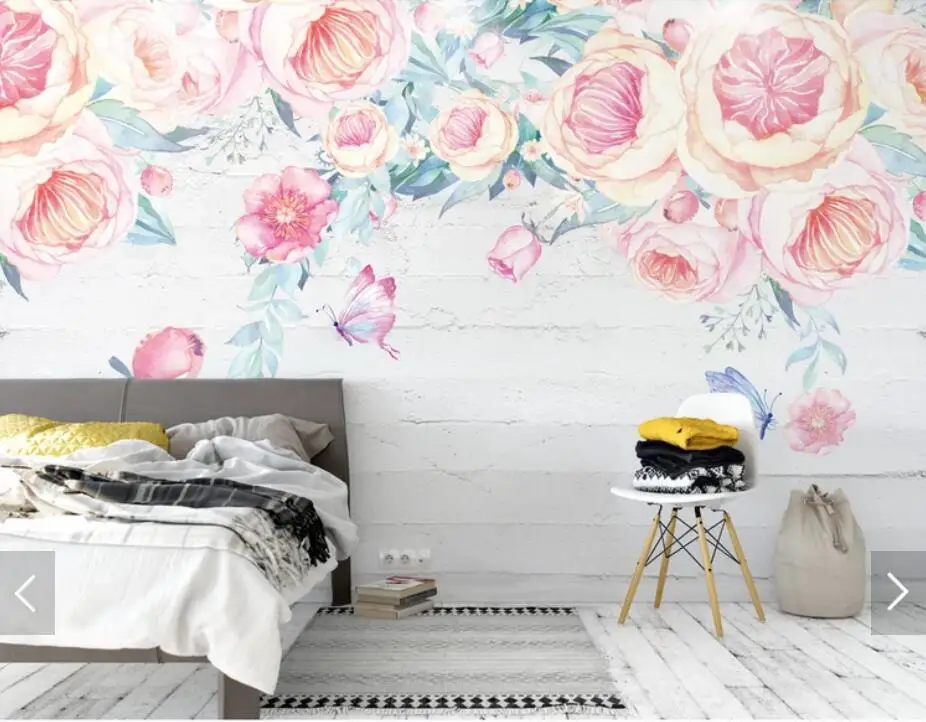 Nordic Watercolor Flower Wall Mural paper Murals  Paper 3D  Art Painting Hand Painted Canvas Floral Papel Pintado