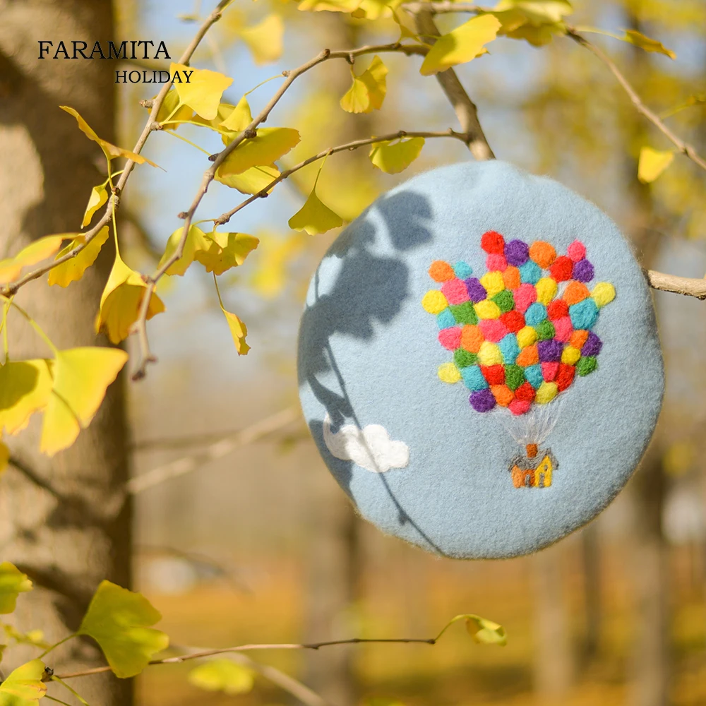 Faramita Holiday Up Movie Colorful Hot Air Balloon Spring Women Hand Made Beret Fairy Tale Originality Manual Girls Kids Hat Cap