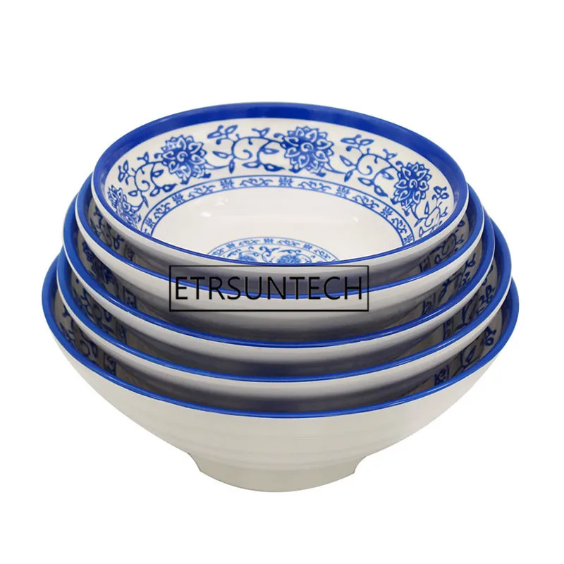 20pcs Ramen Bowl Traditional Chinese Blue and White Porcelain Restaurant Use Big Melamine Soup Noodles Bowl Tableware