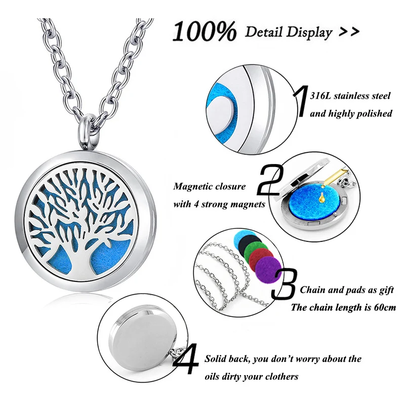 10pcs/lot Tree Of Life Aroma Locket Jewelry 316L Stainless Steel Aromatherapy Essential Oil Diffuser Lockets Pendant Necklace