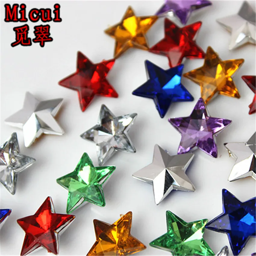 Micui 100PCS 14mm Five pointed star Rhinestone Acrylic Rhinestone Pointback Stones Crystal For DIY Clothes Dress Crafts ZZ170