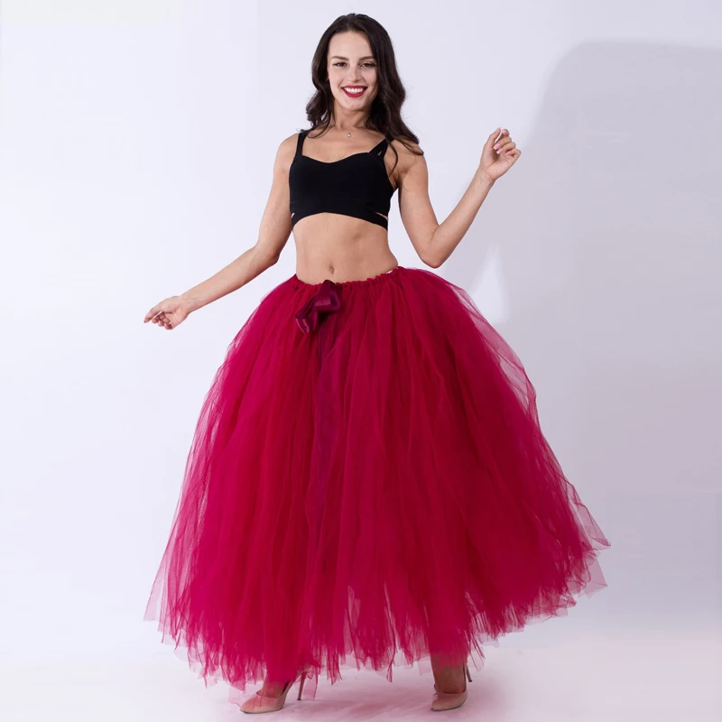 FOLOBE Handmade Stock Wine Red Pleated Maxi Tulle Skirts Womens Elegant Big Swing Long High Waist Adult Tutu Skirt