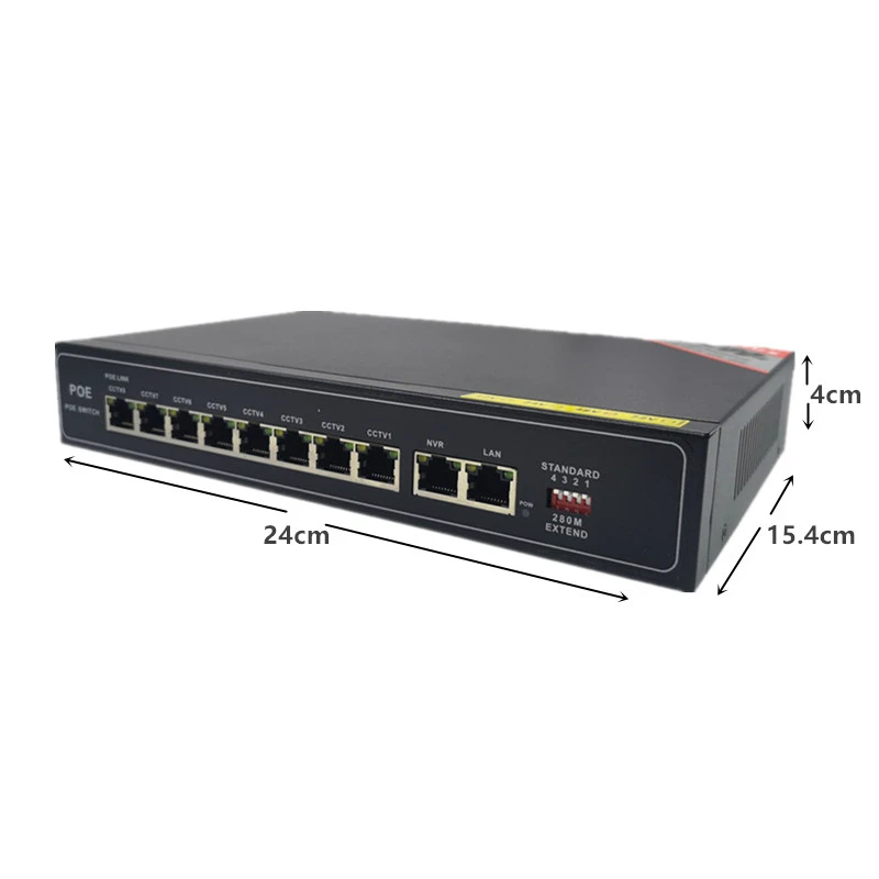 POE 48v 10 port gigabit unmanaged poe switch 8*10/100  mbps POE poort; 2*10/100/1000  mbps UP Link poort;  NVR poort 280M