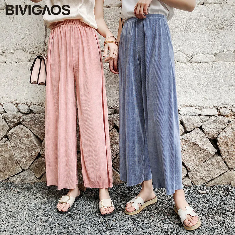 BIVIGAOS 2018 Womens Summer Pleated High Waist Wide Leg Pants Chiffon Casual Loose Pants Cropped Trousers Women Culottes Pants