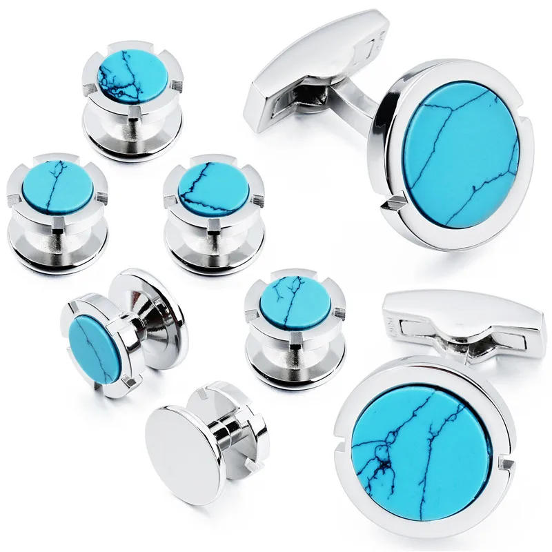 HAWSON Brand Cufflinks and Studs Set Fashion & High Quality Classic Men Blue Cuff Links for Tuxedo