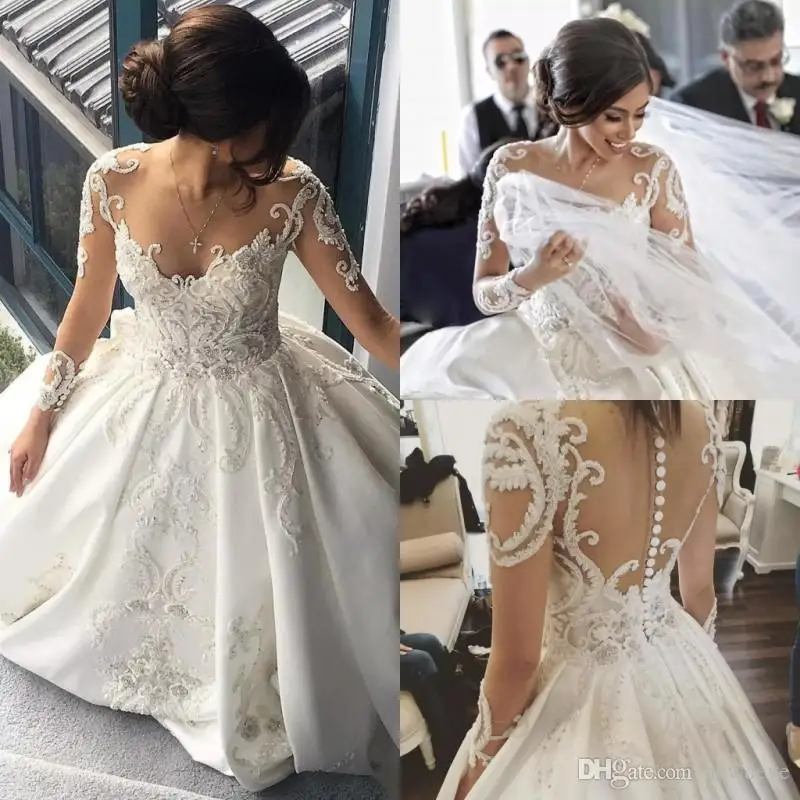 

Bead A Line Wedding Dresses Sexy See Through Bridal Gowns Vestido De Novia Plus Size Lace Long Sleeve Wedding Dress