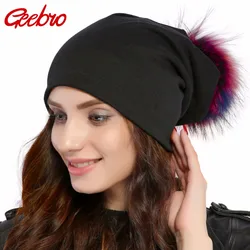 Geebro Brand Women's Beanie Hat Casual Cotton Pompom Beanies Hats Raccoon Fox Fur Pompon Skullies Balaclava Caps For Women JS294