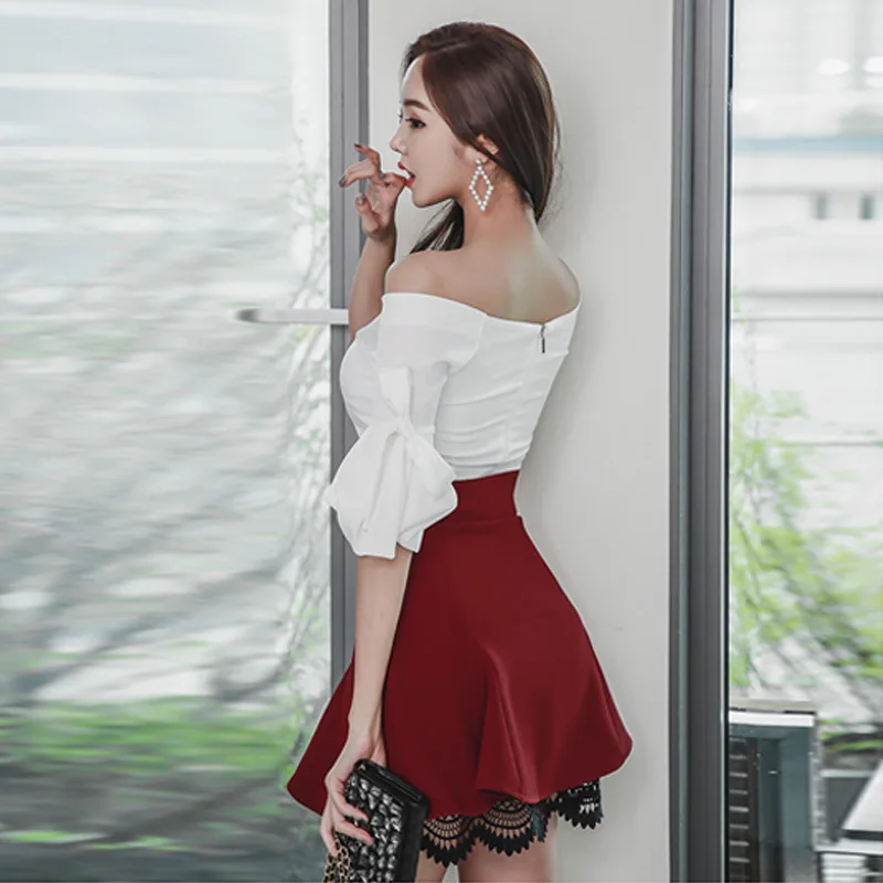 2 Piece Set Women Suit OL Set 2022 White Half Sleeve Slash Neck Blouse Shirt Tops and Mini Red Skirts Business Two Piece Set