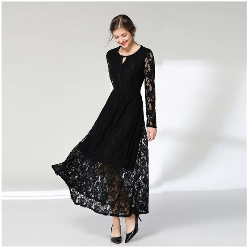 

Vintage Hollow-out Lace Women Long Dress Single Breasted Elegant Female Dress Full Sleeve Sping Vestidos femme