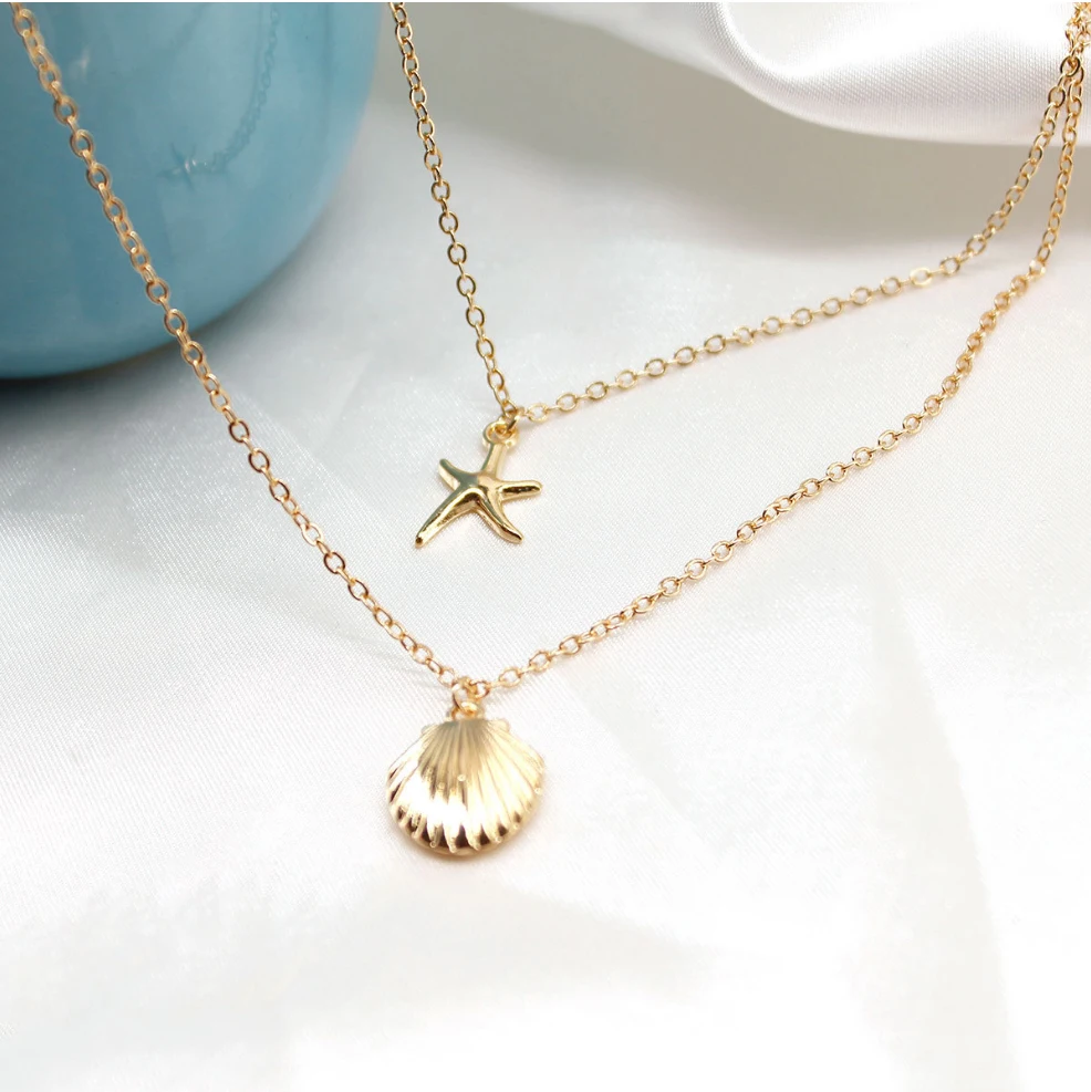 Two layers Necklace alloy diecast Shell Starfish Pendant  plated with metal chain for Women Girls Gift