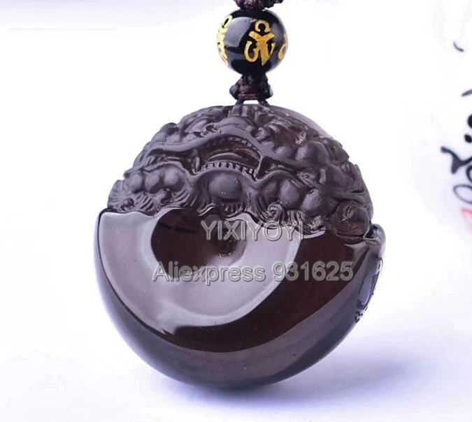 Natural Ice Clear Obsidian Carved Unique Coin Dragon Lucky Blessing Pendant + free Black beads necklace Fashion Jewelry