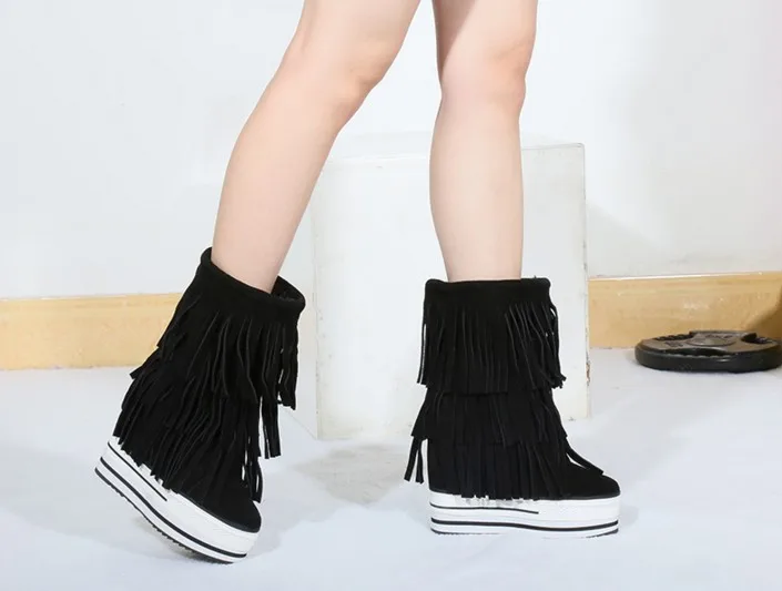 Handmade Fringe Booties Height Increasing 13cm Winter Warm Genuine Leather Suede Tassel Snow Boots Women Platform Elevator Shoes