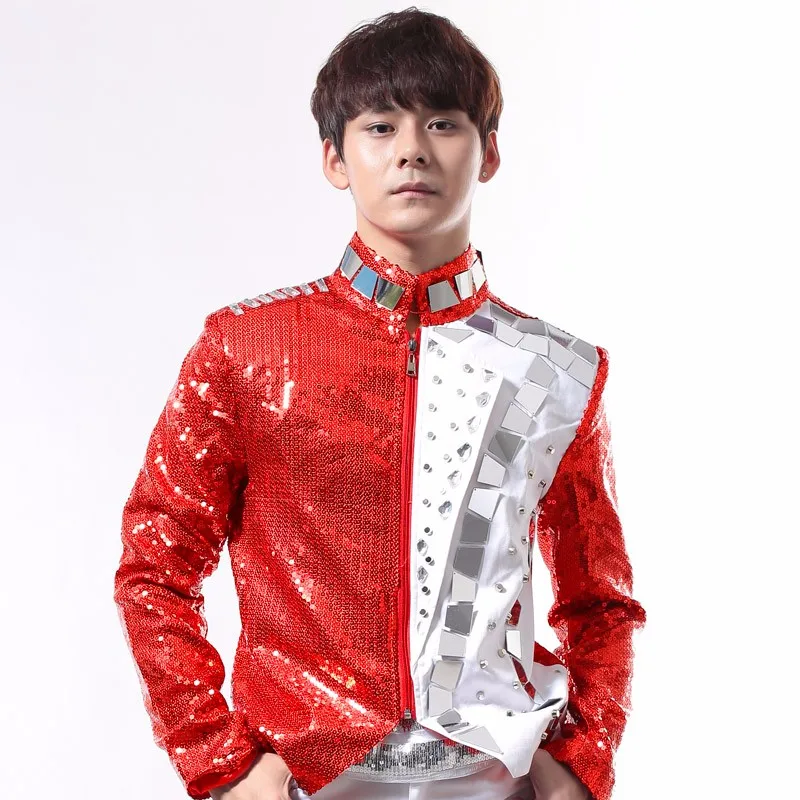 Nightclub Male singer DJ Rock Punk Costumes Red Sequins Reflective lenses Rivet Jacket Coat Bar stage show performance clothing