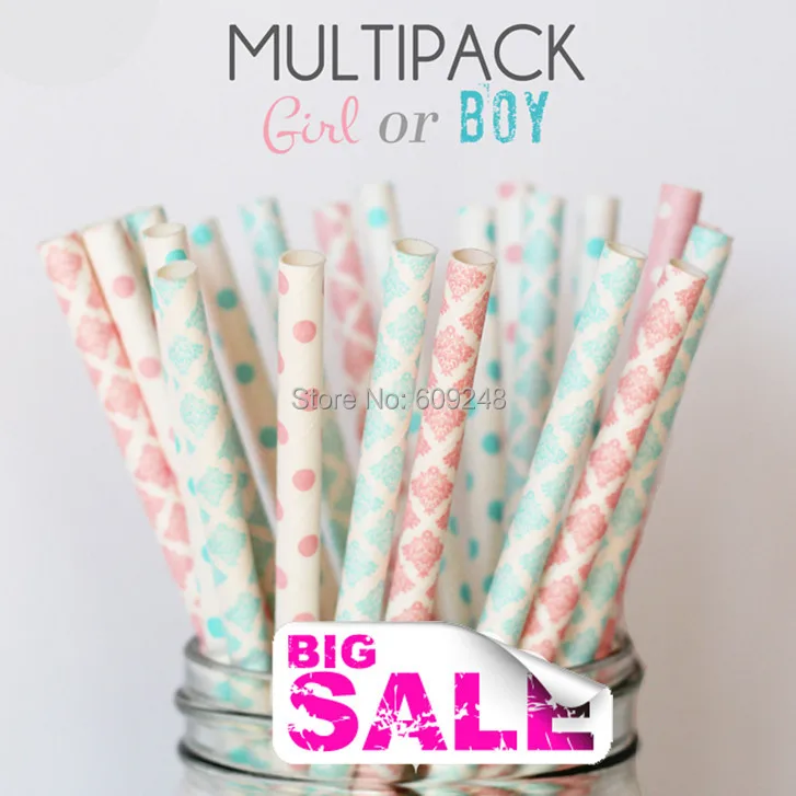 125 Pcs Mixed Colors Girl or Boy Party Paper Straws,Baby Shower Light Pink and Light Blue Damask,Swiss Dot,Gender Reveal,Vintage