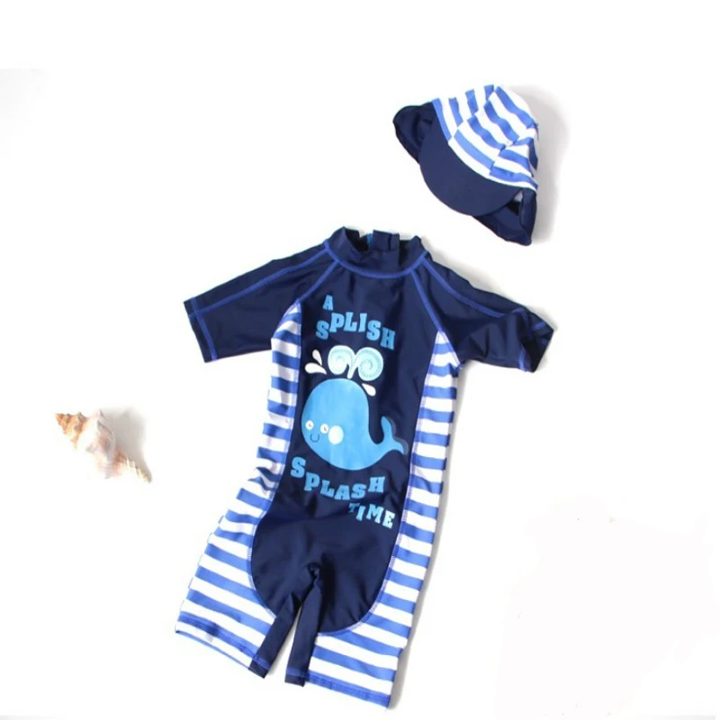 3079Hot Selling~Lovely Cartoon Whale Pattern3079Baby Boy Conjoined Swimwear with Swimming Cap/Beach Sunscreen Surfing Swimsuit