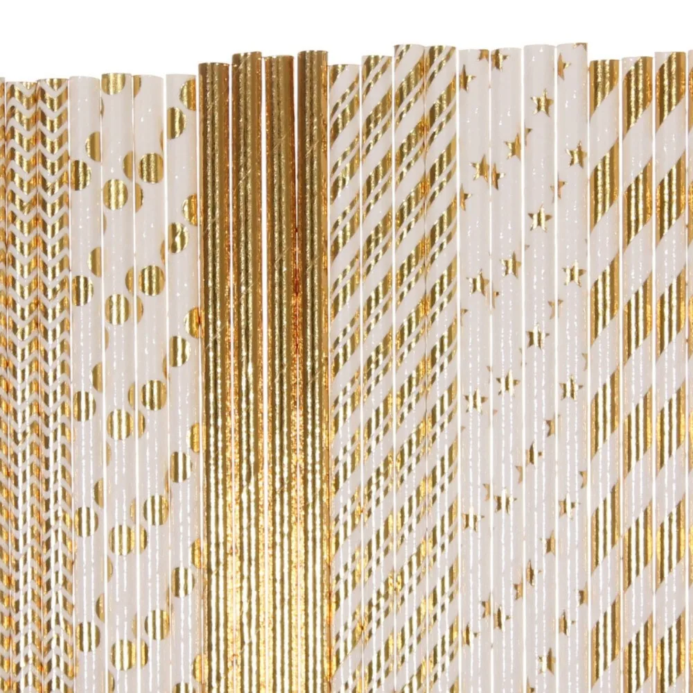 1500 Pcs Pick Colors Paper Straws Bulk-Metallic Gold Foil Striped Polka Dot Chevron Star Plain-Wedding Christmas Holiday Party