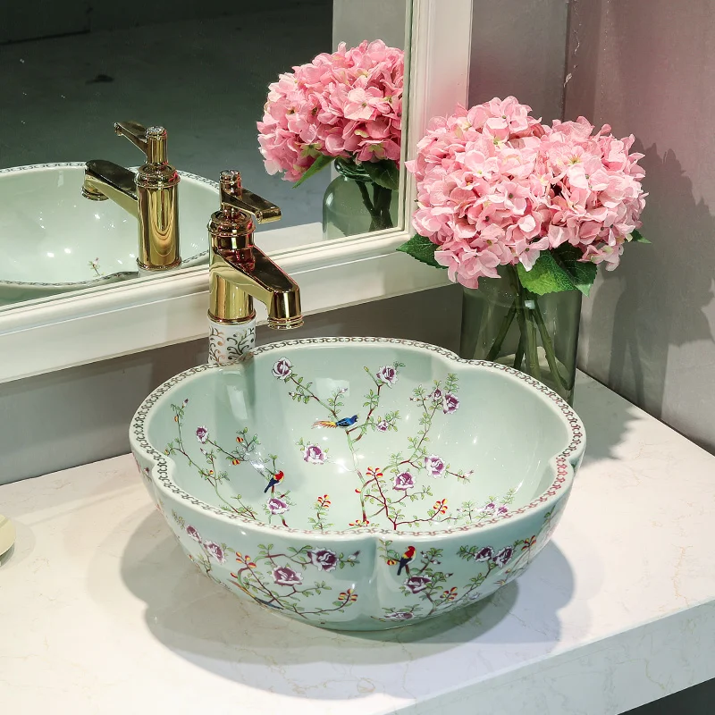 Europe Style Porcelain Hand Painted Art Lavatory Sink Antique Bathroom Vessel Sink color wash basin  flower and bird blue