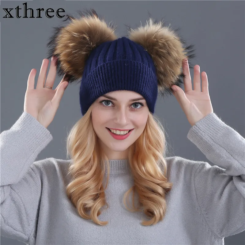 

Xthree winter hat for women wool knitting beanies natural fur double pom poms Skullies girls hat feminino