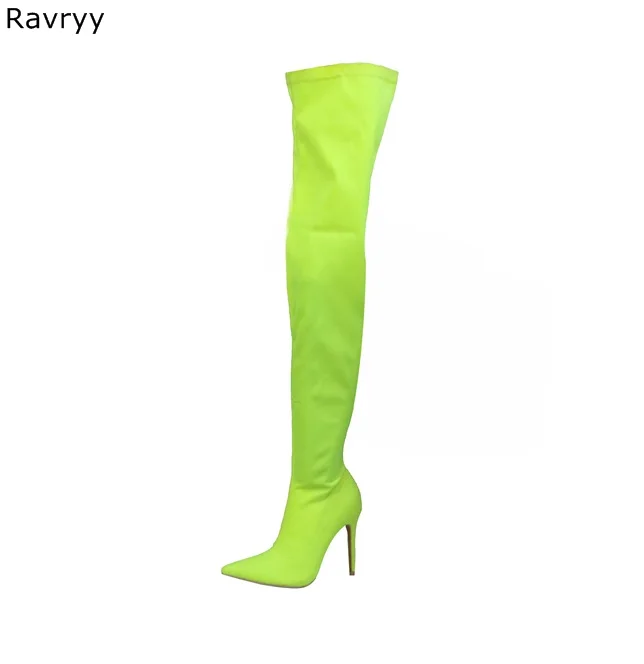 Candy Color Elastic woman\'s long boots orange pink green pointed toe thin leg autumn over-the-knee boot model club female shoes