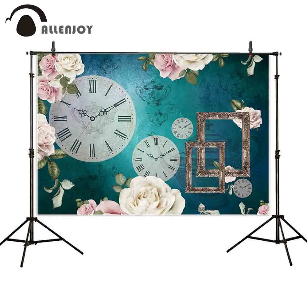 Allenjoy-Fondo de fiesta de té para estudio fotográfico, reloj vintage, flor, cumpleaños, fotografía, photocall, sesión de fotos
