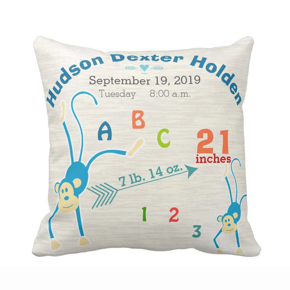 Personalized Boy Nursery Baby Birth Stat Monkey Arrow Throw Pillow Cover Decorative Pillow Case Sofa Seat Car Soft Pillowcase