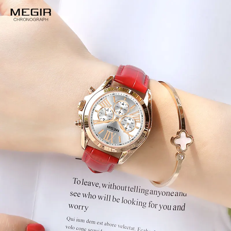 MEGIR Women\'s Casual Quartz Red Watches Chronograph Leather Strap Business Wristwatch for Lady Relogios Feminiinos Clock 2114