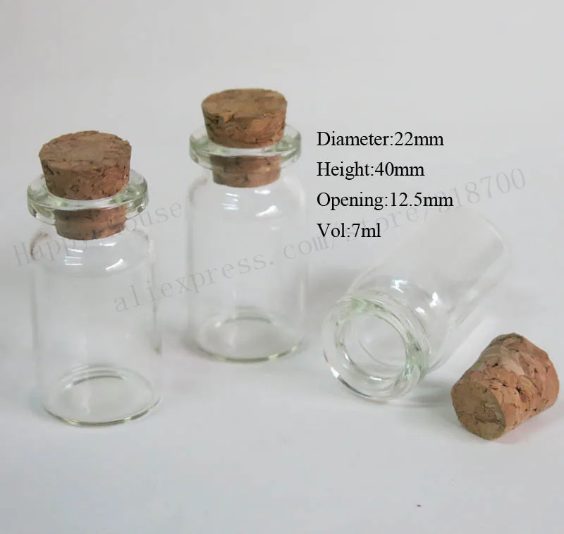 100pcs/lot 7ml Clear Glass Bottle with wood cork,7cc cork stopper glass vials,small amber sample container,22*40*12.5mm