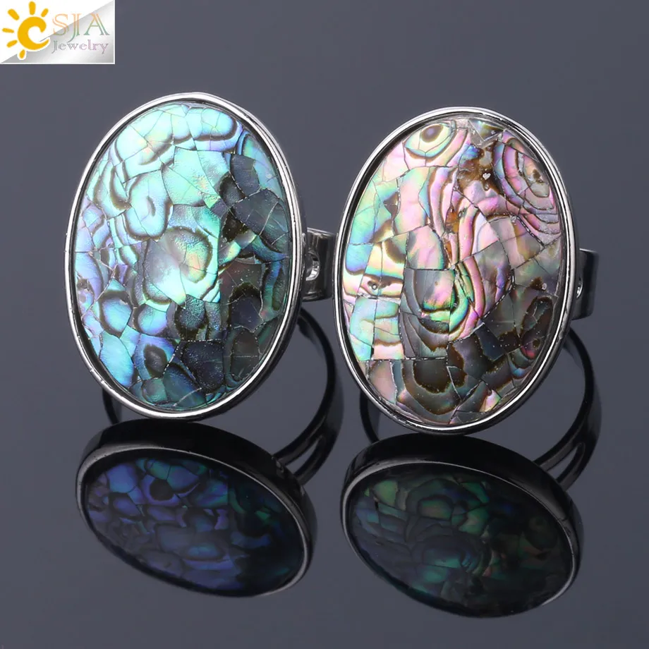 CSJA Natural Paua Shell Finger Rings Men Girl Mother of Pearl Abalone Shell Colorful Yellow Silver Color White Wedding Band F853