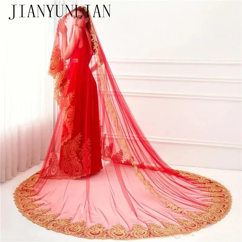 Customized Wedding Veil Long Lace Gold Edge Length Red Cathedral Veils In STock