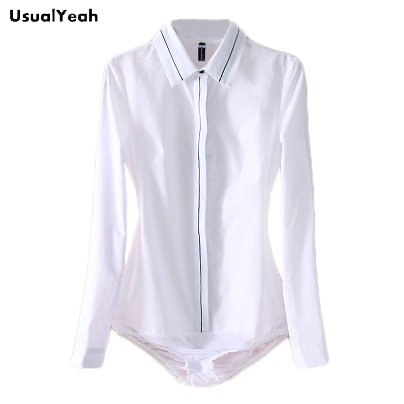 Usualyeah Nieuwe Vrouwen Mode Ol Lange Mouwen Body Shirt Wit Werk Blouses Shirts Zwart Streep Blusas Femininas S-XXL SY0325