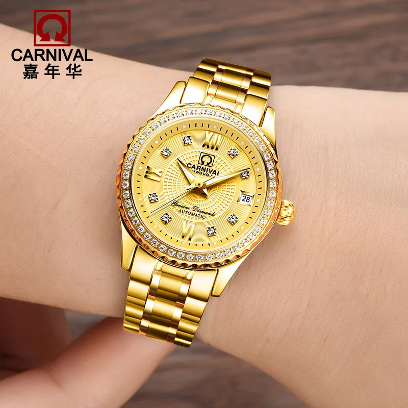 Switzerland Carnival Luxury Brand Watch Women Automatic Mechanical Ladies Watches Diamond Golden Sapphire Crystal Clock C8629L-6