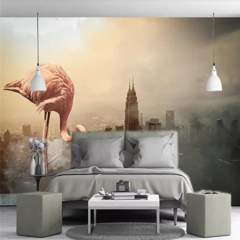 3d wallpaper Nordic modern retro building flamingo bedroom background wall - high-grade waterproof material