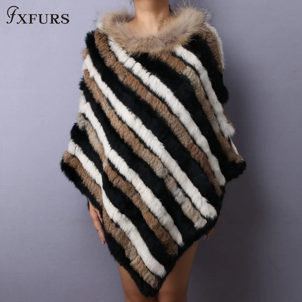 

FXFURS 2020 Knitted Rabbit Fur Shawl Women Fashion Triangle Fur Poncho Striped Patchwork Scarf with Raccoon Fur Stripes Collars