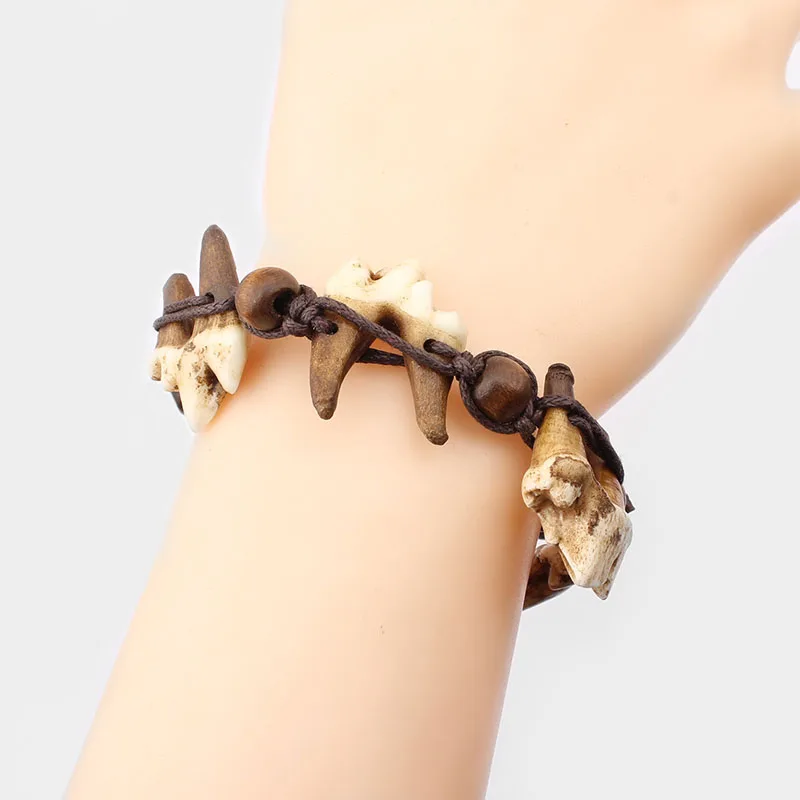 1pcs Tibetan Tribal Brown Real Bone Wolf Tooth Teeth Bracelet Adjustable Cotton Cord With Wood Beads Jewelry Findings