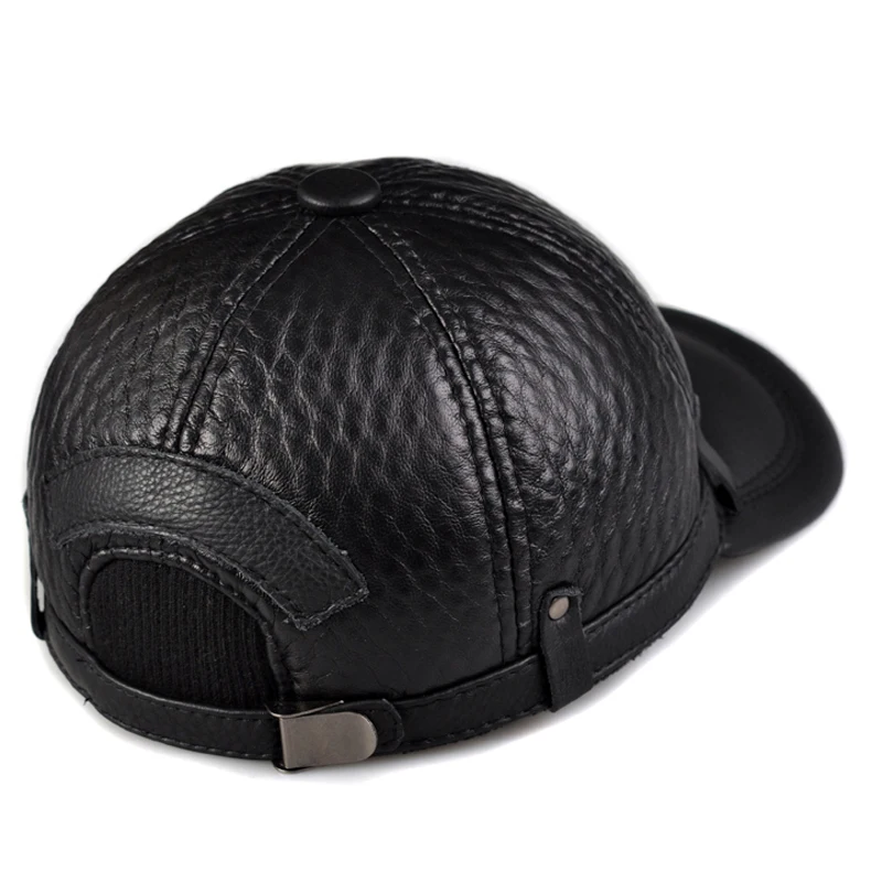 RY131 Male 2023 Spring/Winter Genuine Leather Cowhide Head Protection Baseball Caps Black Plaid Embossing Adjustable Hat For Man